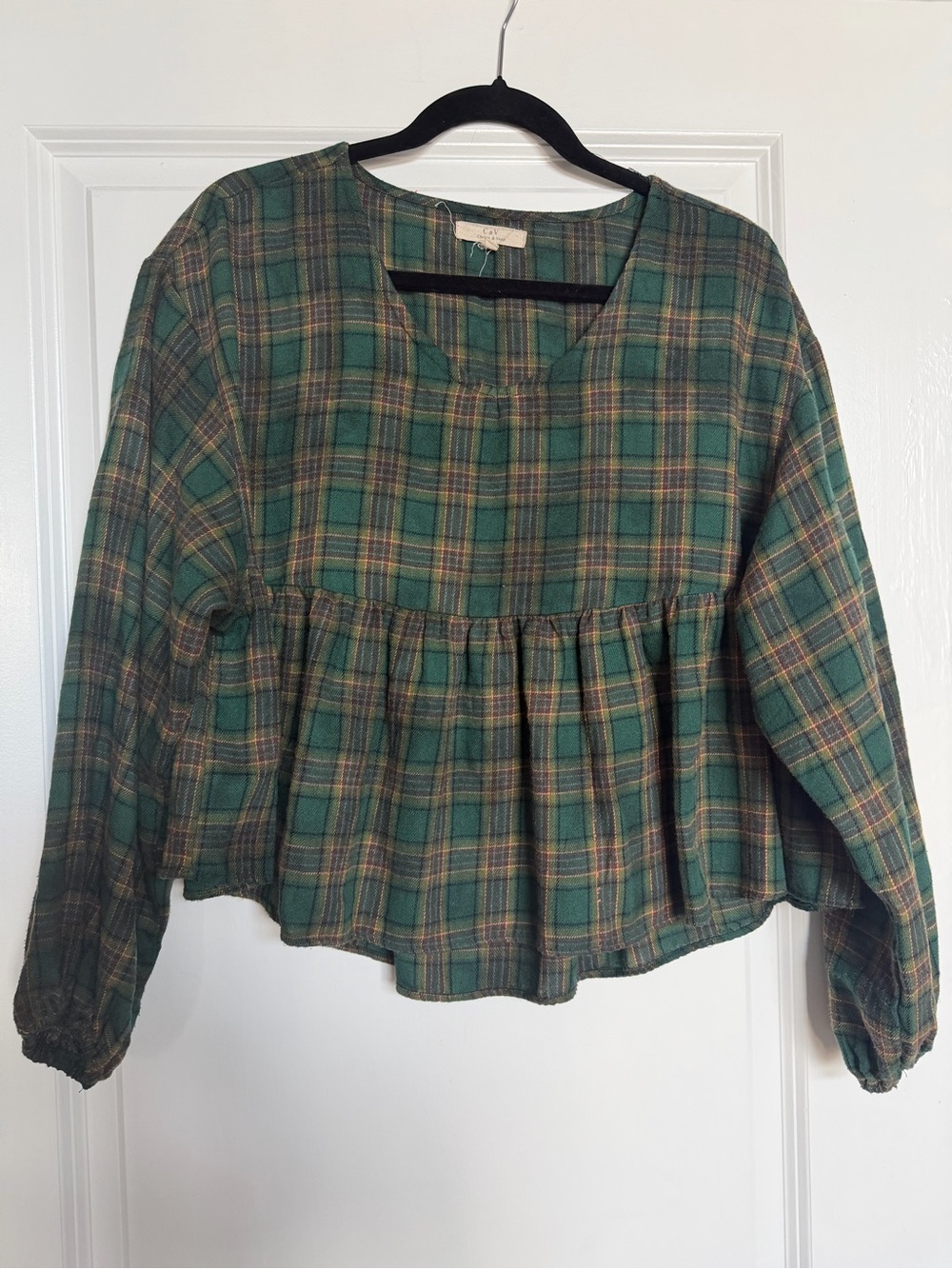 Long Sleeve Green Plaid Peplum Tunic
